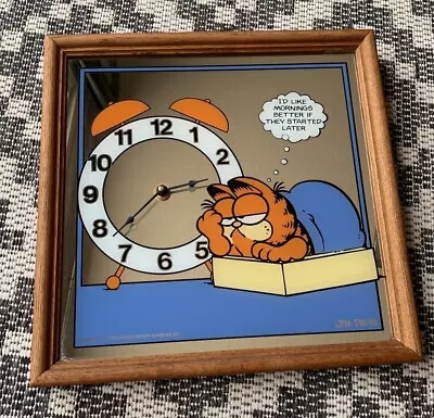 Vintage 1978 Garfield In Bed Mirror Clock 13.5” RARE Wooden Frame WORKS • $144.86