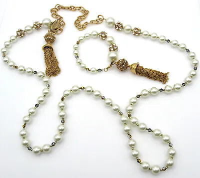 Vintage Love Janice Signed Faux Pearl Crystal Tassel Long Necklace Bracelet Set • $31.50