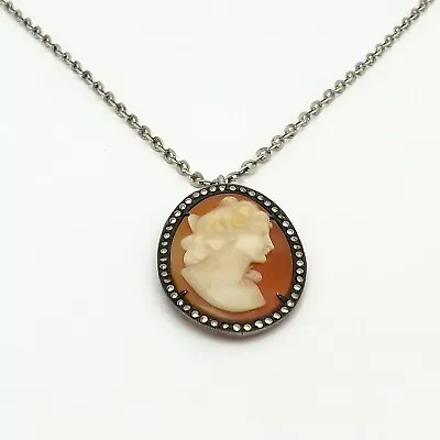 Vintage 800 Silver Carved Shell Cameo Marcasite Pendant Chain Necklace 27 Inch • $118.75