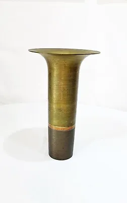 Mid-century Solid Brass Cylinder Vase 12” Tall Copper Ring Made In India • $29.99