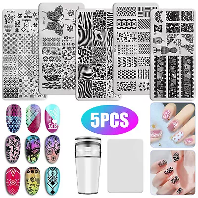 5PCS Silicone Nail Art Template Stamping Plate Clear Stamper Scraper Kit DIY Set • $9.98