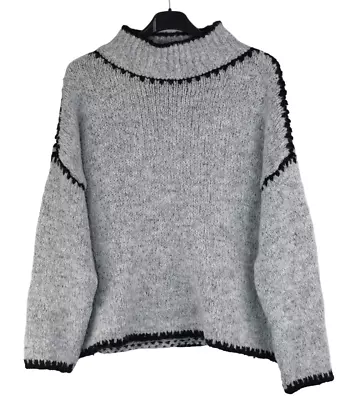 Ladies Italian Lagenlook Soft Cosy Wool Blend High Neck Blanket Stitch Jumper • £31.99