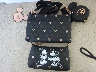 BNWT Primark Disney Mickey & Minnie Mouse Rose Gold Black 3 In1 Crossbody Bag • £23.99