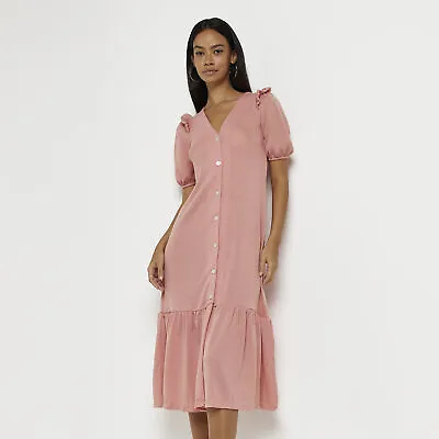 £12 • Buy River Island Womens Smock Midi Dress Pink Short Sleeve Textured Button V-Neck