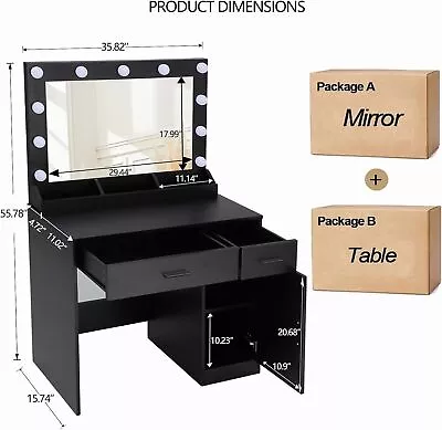 Vanity Desk With Power Strip Makeup Table With Lighted Mirror &2-Drawers Black~ • $168.99