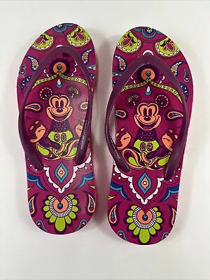 Disney Parks Women's Mickey Mouse Pink Boho Paisley Flip Flops Size 8 • $14.54
