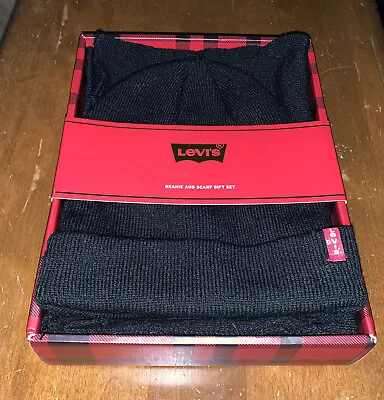 NWT Levi’s Beanie And Scarf Gift Set Solid Black Red Stocking Cap Scarf O4 • $21.93