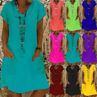 £7.99 • Buy Womens Loose Ladies Pockets Pullover Party Midi Dress Casual Short Sleeve Summer