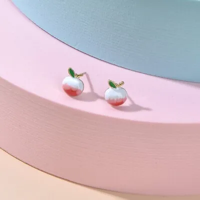 Kawaii Fruit Jewelry White Pink Enamel Peach Small Stud Novelty Pierced Earrings • $1.99