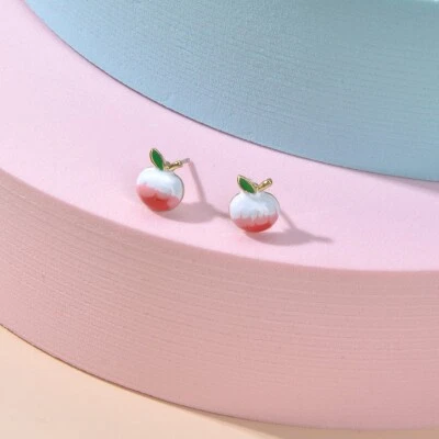 Kawaii Fruit Jewelry White Pink Enamel Peach Small Stud Novelty Pierced Earrings • $1.99