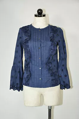 J CREW Navy Cotton Ruffles Tuxedo Pleats Open Cutwork Bell Sleeve Top Women 0 • $4.99