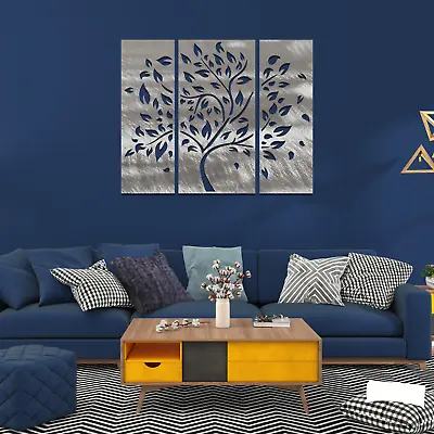 Metal Tree 3 Panels Steel Wall Art Home Room Office Design Decor Gift For Mom • £117.83