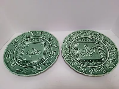 Bordallo Pinheiro Green Majolica Set Of Two 9 Inch Plates 1 Rooster & 1 Rabbit • $19.99