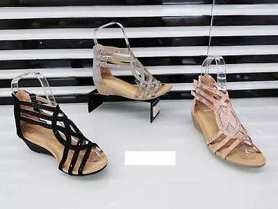 Ladies Womens Girls Strappy Gladiator Flower Daimente Casual Wedge Sandals Size • £13.99