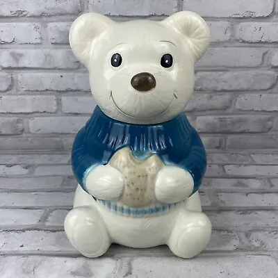 Metlox Cookie Jar Blue Sweater White Teddy Bear Eating Cookie • $33.42