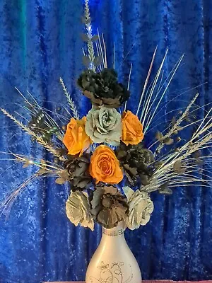 Artificial Silk Flower Arrangement Silver Black Orange Tall Vase Lights Up • £39.99
