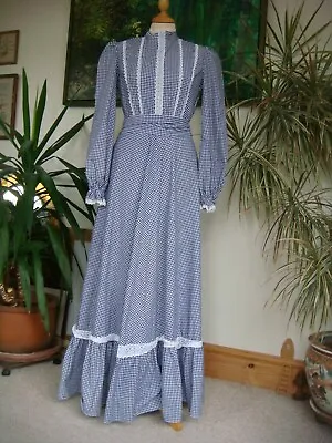 Vintage 1970's Romantic Edwardian Style Checked Maxi Dress Waist 28  • £45