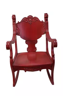 Antique Victorian Painted Red Solid Oak Rocking Chair Hand Carved Lions • $600