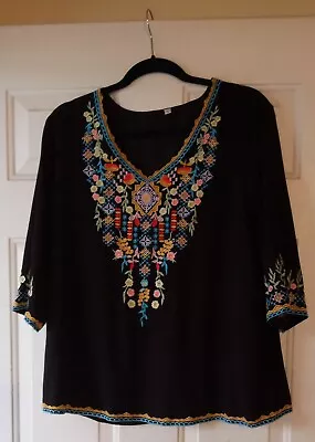 Mexican Black Multicolored Embroidered Boho Top/Tunic Fully Lined Size Large • $23