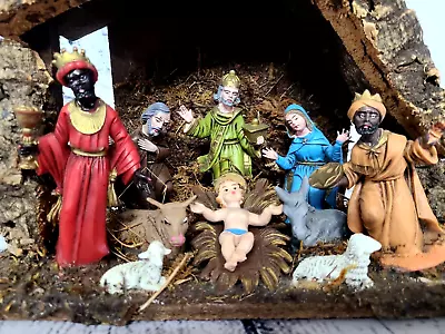 Vtg Christmas Manger Scene Attached Plastic Figures Nativity Wooden Creche Italy • $16.99