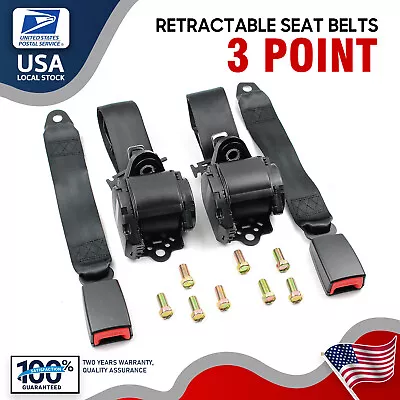 Car Vehicle Adjustable 3 Point Retractable Seat Belt Strap Buckle 2X  Black • $42.99