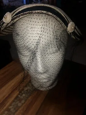 Vintage 30s - 50s Beret Style Gold Thread/ White/ Black Women’s Birdcage Hat • $14.45