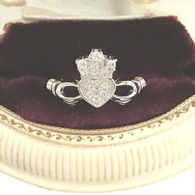 Vintage Jewellery Gold Claddagh Ring White Sapphires Heart Antique Deco Jewelry  • $191.06