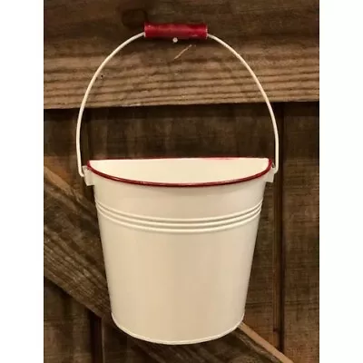 New Retro Vintage Style ENAMEL WHITE RED WALL POCKET Basket Flower Bucket Pail  • $14.95