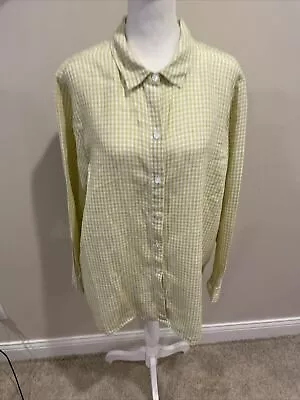 J.Jill Love Linen Size Large Green White Checkered Button Down Long Sleeves Nice • $22