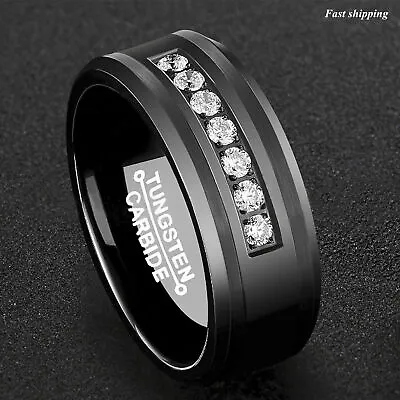$20.92 • Buy 8Mm Black Tungsten Carbide Ring 7 Diamonds Inlay Comfort Fit ATOP Men Wedding Ba