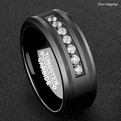 8Mm Black Tungsten Carbide Ring 7 Diamonds Inlay Comfort Fit ATOP Men Wedding Ba • $27.54