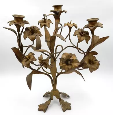 Antique French Brass 19th Century Leaves & Flowers Church 3 Light Candleabra • $129.95