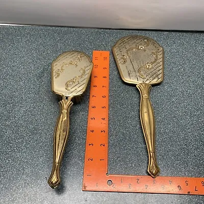 Vintage Hand Held Vanity Mirror And Hair Brush Set Of 2 Foral Design Gold Toned  • $24