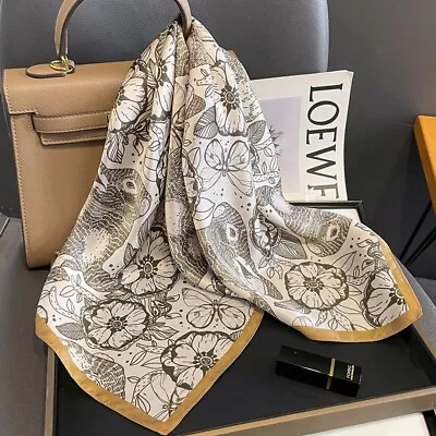 100% Mulberry Silk Square Scarf Women Neckerchief Wrap Brown White Flower 68*68 • $13.72