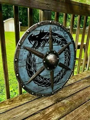 Viking Runes Helm Of Awe Aegishjalmur Norse Pattern Wooden Round Shield LARP • $79.99