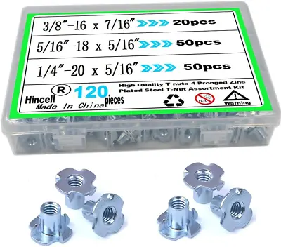 T Nuts 1/4 -205/16 -18 3/8 -16 120Pcs Zinc Plated Steel T-Nut 4 Pronged Tee B • $16.50