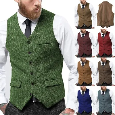 Mens Vest Vintage Herringbone Western Tweed Wool Blend Waistcoat M Large XL XXL • $29.67