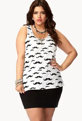 Forever 21 Tank Top Grey Heathered Black & White Mustache Graphic Sleeveless L • $12.99