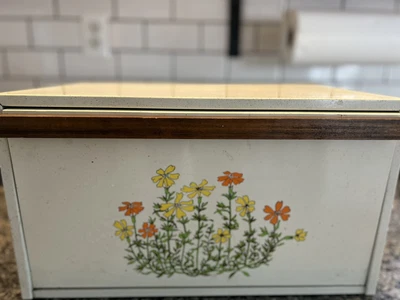 $79.98 • Buy Vtg MCM Metal Tin Bread Box W/ Hinged Wood Lid Flowers Mod Retro Kitchen
