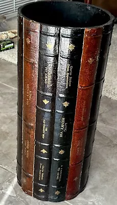 WOODEN ROUND UMBRELLA WALKING STICK/CANE STAND WLEATHER CLASSIC BOOK SPINES RARE • $70