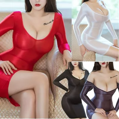 $13.15 • Buy Womens Glossy Semi See Through Dress Deep V Neck Bodycon Mini Dress Nightwear