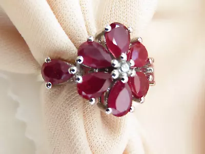 Ruby Flower Ring Mahaleo Rubies White Zircon Size 6 Ster Silver & Rhodium India • $48