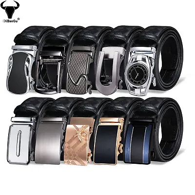 Men's Formal Black Automatic Buckles Belts Leather Ratchet Trousers Waist Straps • £12.99