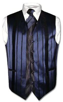 Men's Dress Vest & NeckTie NAVY BLUE Color Woven Striped Design Neck Tie Set • $24.95