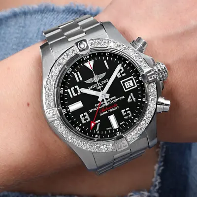 Breitling Avenger II GMT Black Dial Custom Diamond Bezel Mens 43mm Watch A32390 • $7250