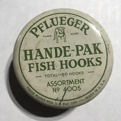 VINTAGE PFLUEGER HANDE-PAK FISH HOOKS TIN CANISTER ADVERTISING W/HOOKS No.4005 • $13.99