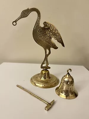 3 PC Set Solid Brass Flamingo Crane Etched Dinner Bell Mid Century Vintage • $34.95