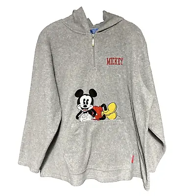 Vintage Disney Mickey Mouse Grey 1/4 Zip Fleece Embroidered Hoodie Sweatshirt 2X • $15.88