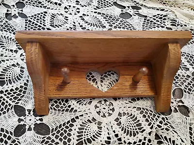 Wood Oak Wall Shelf Handmade 2 Peg Heart Quality Vtg Farmhouse Country Chic • $12.99