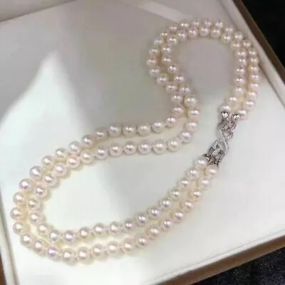 20 Inch Double Strands AAA++ 7-8mm Natural Akoya White Pearl Necklace 925S • $54